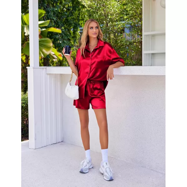 Ekouaer Pajamas for Women Silk Soft Sleepwear Short Sleeve Button Down Pjs Satin Top and Shorts 2 Piece Lounge Set SXXLRed