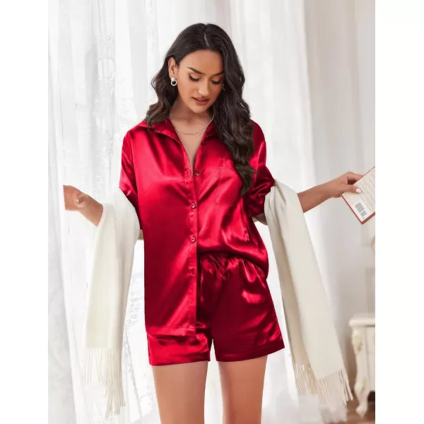 Ekouaer Pajamas for Women Silk Soft Sleepwear Short Sleeve Button Down Pjs Satin Top and Shorts 2 Piece Lounge Set SXXLRed