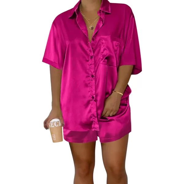 Ekouaer Pajamas for Women Silk Soft Sleepwear Short Sleeve Button Down Pjs Satin Top and Shorts 2 Piece Lounge Set SXXLRose