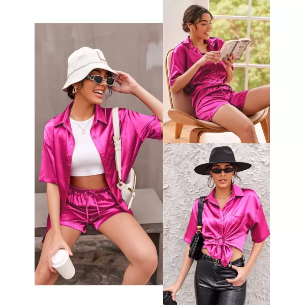 Ekouaer Pajamas for Women Silk Soft Sleepwear Short Sleeve Button Down Pjs Satin Top and Shorts 2 Piece Lounge Set SXXLRose