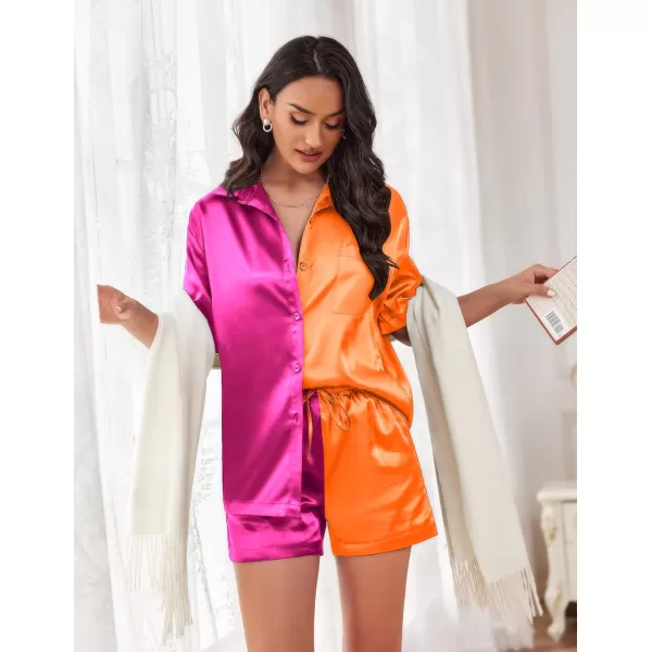 Ekouaer Pajamas for Women Silk Soft Sleepwear Short Sleeve Button Down Pjs Satin Top and Shorts 2 Piece Lounge Set SXXLRose amp Orange