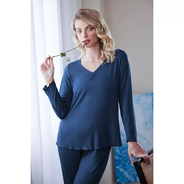 Ekouaer Pajamas for Women Soft Sleepwear Set Long Sleeve Comfy Pjs Top Loose Fit Pj Pants LoungewearA04 Cobalt Blue