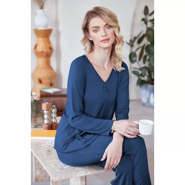 Ekouaer Pajamas for Women Soft Sleepwear Set Long Sleeve Comfy Pjs Top Loose Fit Pj Pants LoungewearA04 Cobalt Blue