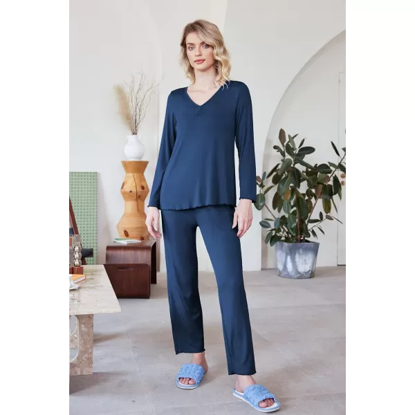Ekouaer Pajamas for Women Soft Sleepwear Set Long Sleeve Comfy Pjs Top Loose Fit Pj Pants LoungewearA04 Cobalt Blue