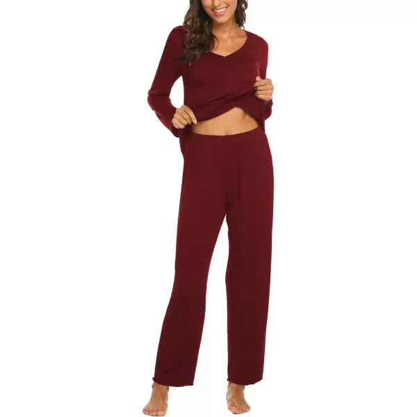 Ekouaer Pajamas for Women Soft Sleepwear Set Long Sleeve Comfy Pjs Top Loose Fit Pj Pants LoungewearA05 Wine Red