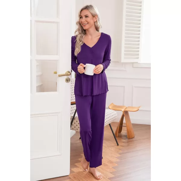 Ekouaer Pajamas for Women Soft Sleepwear Set Long Sleeve Comfy Pjs Top Loose Fit Pj Pants LoungewearA07 Purple