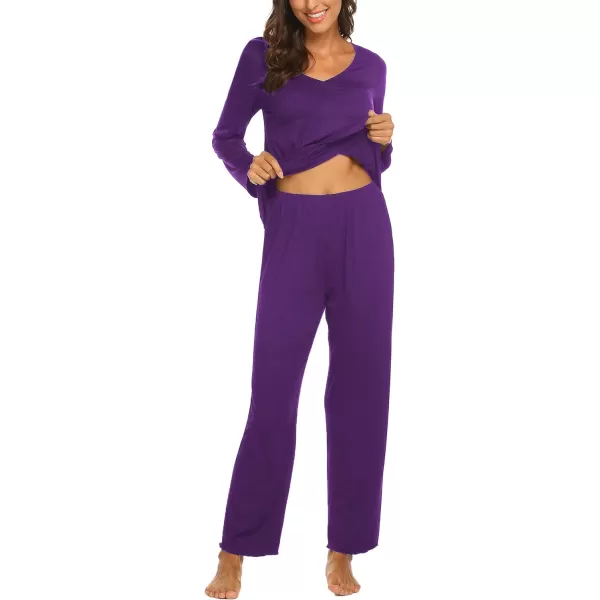 Ekouaer Pajamas for Women Soft Sleepwear Set Long Sleeve Comfy Pjs Top Loose Fit Pj Pants LoungewearA07 Purple