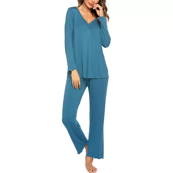 Ekouaer Pajamas for Women Soft Sleepwear Set Long Sleeve Comfy Pjs Top Loose Fit Pj Pants LoungewearA08 Teal