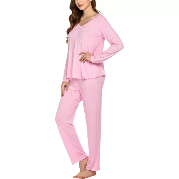 Ekouaer Pajamas for Women Soft Sleepwear Set Long Sleeve Comfy Pjs Top Loose Fit Pj Pants LoungewearA09 Rose Pink