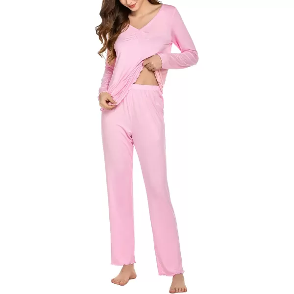 Ekouaer Pajamas for Women Soft Sleepwear Set Long Sleeve Comfy Pjs Top Loose Fit Pj Pants LoungewearA09 Rose Pink