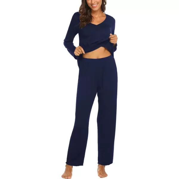 Ekouaer Pajamas for Women Soft Sleepwear Set Long Sleeve Comfy Pjs Top Loose Fit Pj Pants LoungewearB01 Navy Blue