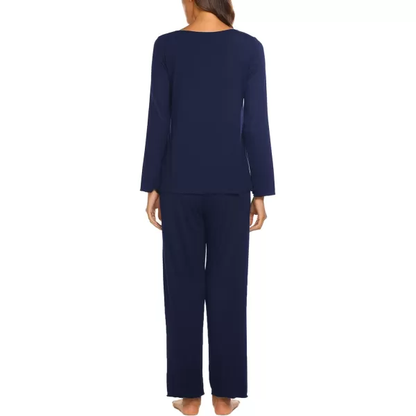Ekouaer Pajamas for Women Soft Sleepwear Set Long Sleeve Comfy Pjs Top Loose Fit Pj Pants LoungewearB01 Navy Blue