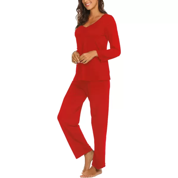 Ekouaer Pajamas for Women Soft Sleepwear Set Long Sleeve Comfy Pjs Top Loose Fit Pj Pants LoungewearB02 Red