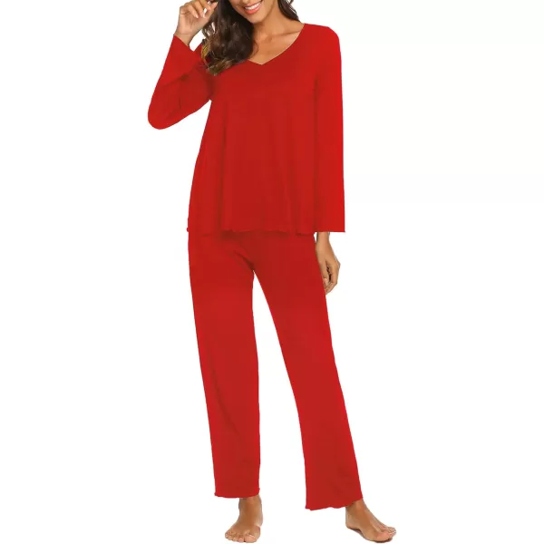 Ekouaer Pajamas for Women Soft Sleepwear Set Long Sleeve Comfy Pjs Top Loose Fit Pj Pants LoungewearB02 Red