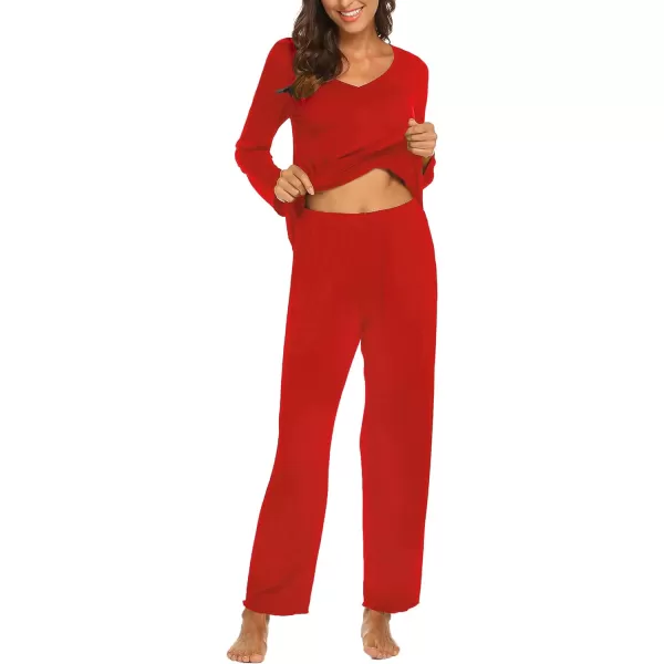 Ekouaer Pajamas for Women Soft Sleepwear Set Long Sleeve Comfy Pjs Top Loose Fit Pj Pants LoungewearB02 Red