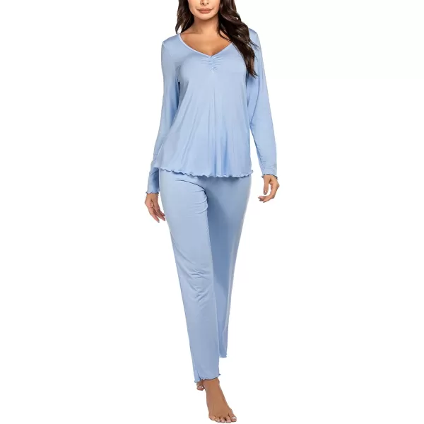 Ekouaer Pajamas for Women Soft Sleepwear Set Long Sleeve Comfy Pjs Top Loose Fit Pj Pants LoungewearB03 Clear Blue