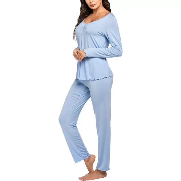 Ekouaer Pajamas for Women Soft Sleepwear Set Long Sleeve Comfy Pjs Top Loose Fit Pj Pants LoungewearB03 Clear Blue