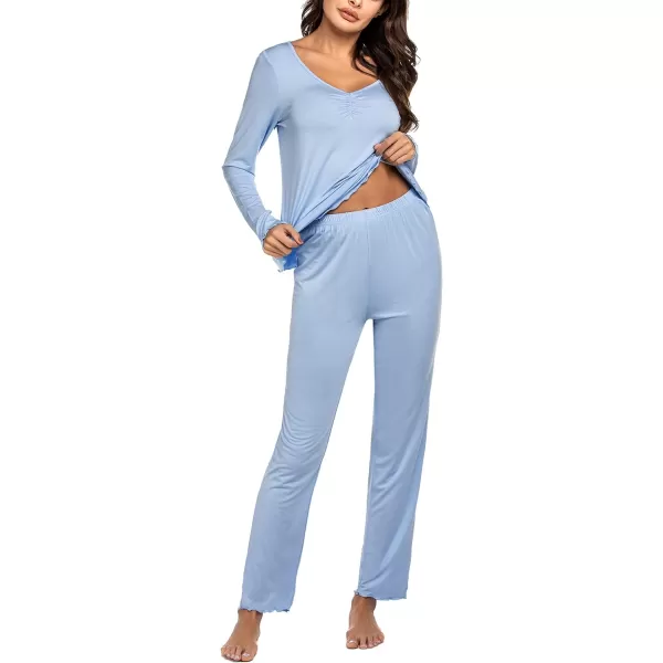 Ekouaer Pajamas for Women Soft Sleepwear Set Long Sleeve Comfy Pjs Top Loose Fit Pj Pants LoungewearB03 Clear Blue