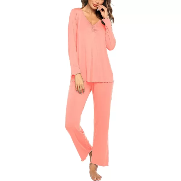 Ekouaer Pajamas for Women Soft Sleepwear Set Long Sleeve Comfy Pjs Top Loose Fit Pj Pants LoungewearB05 Bright Pink