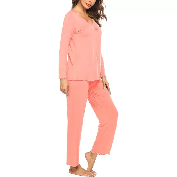 Ekouaer Pajamas for Women Soft Sleepwear Set Long Sleeve Comfy Pjs Top Loose Fit Pj Pants LoungewearB05 Bright Pink