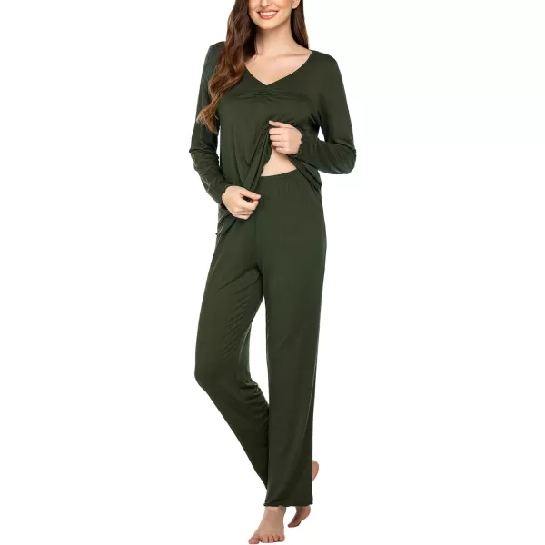 Ekouaer Pajamas for Women Soft Sleepwear Set Long Sleeve Comfy Pjs Top Loose Fit Pj Pants LoungewearB06 Olive Green