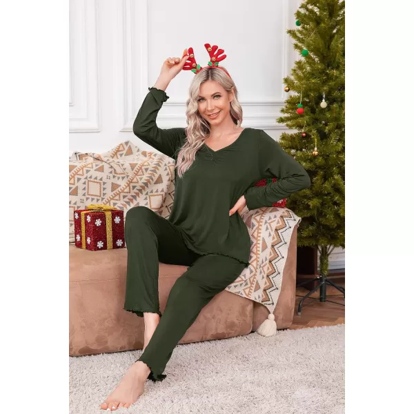 Ekouaer Pajamas for Women Soft Sleepwear Set Long Sleeve Comfy Pjs Top Loose Fit Pj Pants LoungewearB06 Olive Green