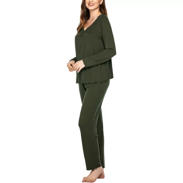 Ekouaer Pajamas for Women Soft Sleepwear Set Long Sleeve Comfy Pjs Top Loose Fit Pj Pants LoungewearB06 Olive Green