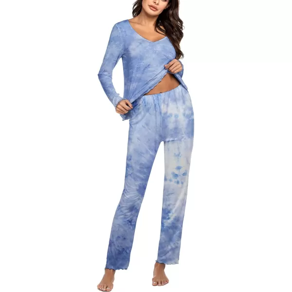 Ekouaer Pajamas for Women Soft Sleepwear Set Long Sleeve Comfy Pjs Top Loose Fit Pj Pants LoungewearC01 Tie Dye Blue