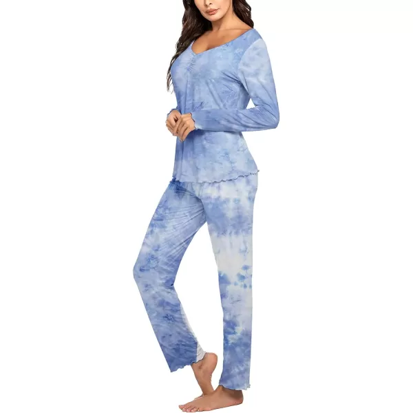 Ekouaer Pajamas for Women Soft Sleepwear Set Long Sleeve Comfy Pjs Top Loose Fit Pj Pants LoungewearC01 Tie Dye Blue