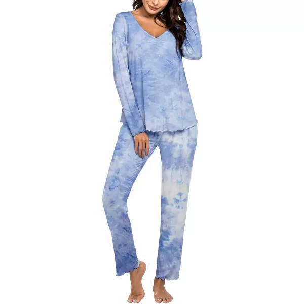 Ekouaer Pajamas for Women Soft Sleepwear Set Long Sleeve Comfy Pjs Top Loose Fit Pj Pants LoungewearC01 Tie Dye Blue