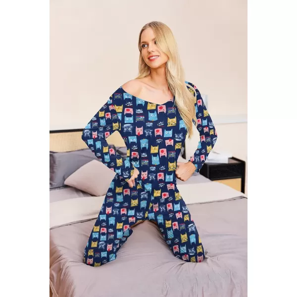 Ekouaer Pajamas for Women Soft Sleepwear Set Long Sleeve Comfy Pjs Top Loose Fit Pj Pants LoungewearCatprint