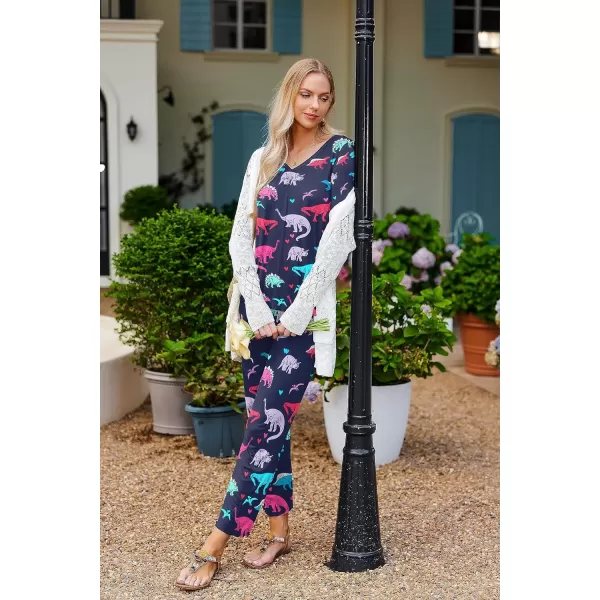 Ekouaer Pajamas for Women Soft Sleepwear Set Long Sleeve Comfy Pjs Top Loose Fit Pj Pants LoungewearDinosaur
