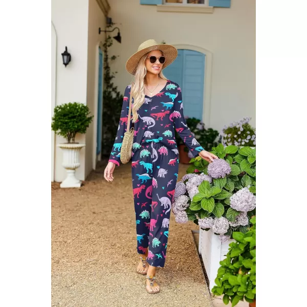 Ekouaer Pajamas for Women Soft Sleepwear Set Long Sleeve Comfy Pjs Top Loose Fit Pj Pants LoungewearDinosaur