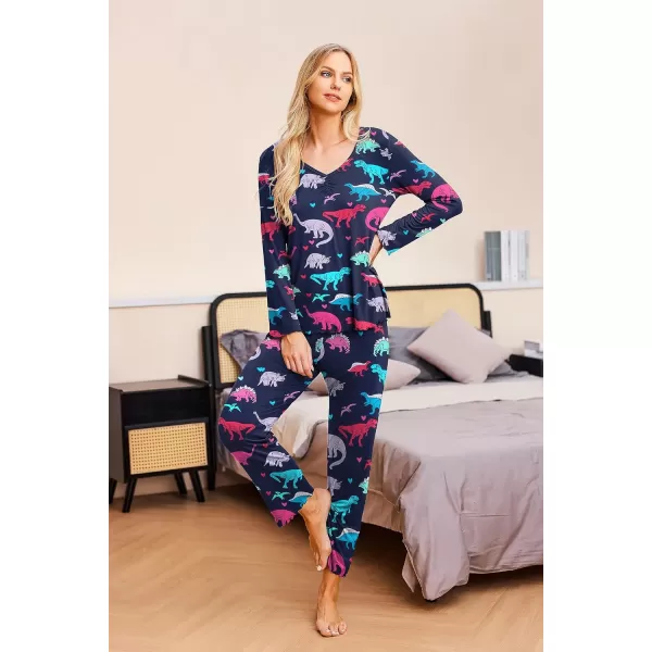 Ekouaer Pajamas for Women Soft Sleepwear Set Long Sleeve Comfy Pjs Top Loose Fit Pj Pants LoungewearDinosaur