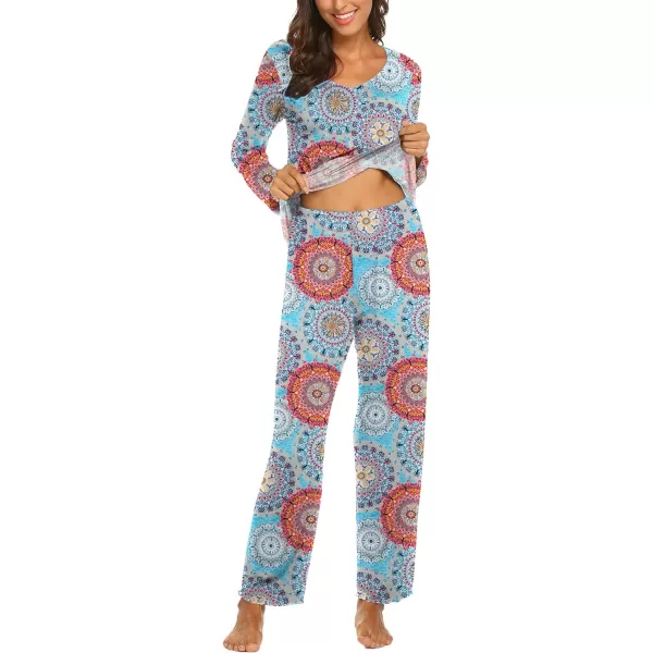 Ekouaer Pajamas for Women Soft Sleepwear Set Long Sleeve Comfy Pjs Top Loose Fit Pj Pants LoungewearFlower Mix Blue