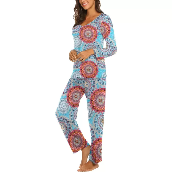 Ekouaer Pajamas for Women Soft Sleepwear Set Long Sleeve Comfy Pjs Top Loose Fit Pj Pants LoungewearFlower Mix Blue