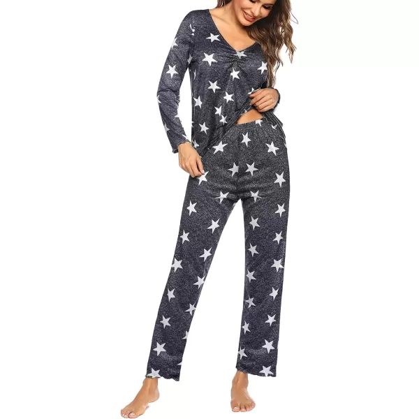 Ekouaer Pajamas for Women Soft Sleepwear Set Long Sleeve Comfy Pjs Top Loose Fit Pj Pants LoungewearS02 White Star