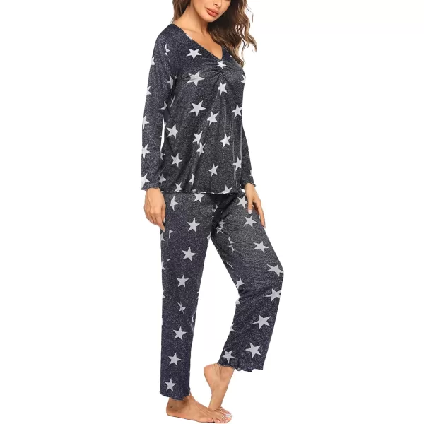 Ekouaer Pajamas for Women Soft Sleepwear Set Long Sleeve Comfy Pjs Top Loose Fit Pj Pants LoungewearS02 White Star