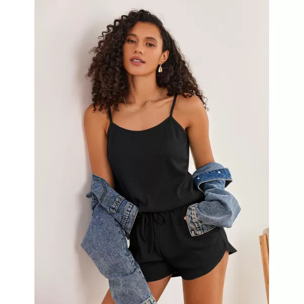 Ekouaer Pajamas for Women Waffle Knit Lounge Sets Cami Tops Shorts Loungewear SXXLBlack