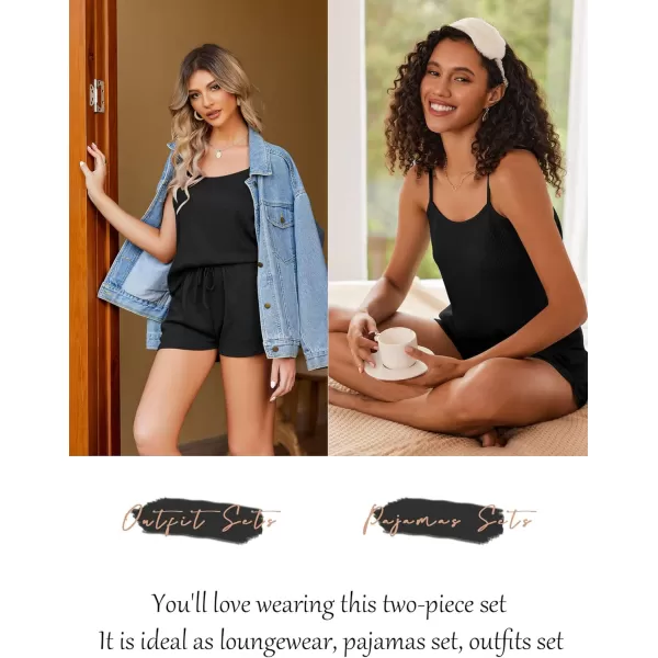Ekouaer Pajamas for Women Waffle Knit Lounge Sets Cami Tops Shorts Loungewear SXXLBlack