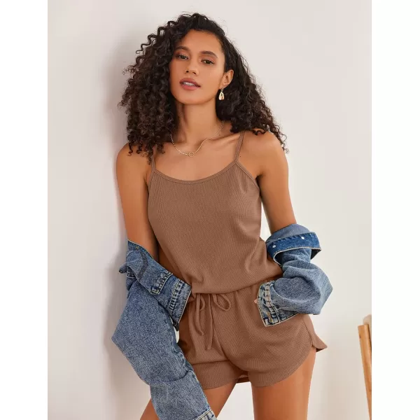 Ekouaer Pajamas for Women Waffle Knit Lounge Sets Cami Tops Shorts Loungewear SXXLBrown