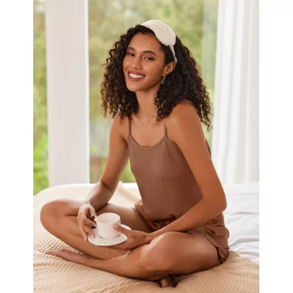 Ekouaer Pajamas for Women Waffle Knit Lounge Sets Cami Tops Shorts Loungewear SXXLBrown