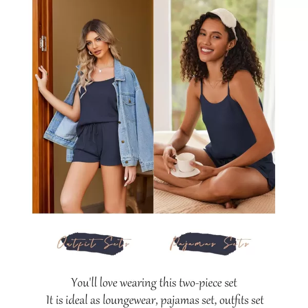 Ekouaer Pajamas for Women Waffle Knit Lounge Sets Cami Tops Shorts Loungewear SXXLNavy Blue
