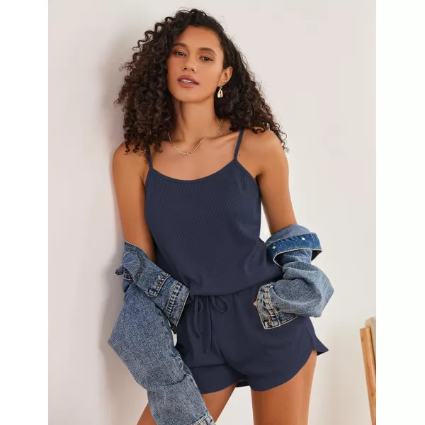 Ekouaer Pajamas for Women Waffle Knit Lounge Sets Cami Tops Shorts Loungewear SXXLNavy Blue