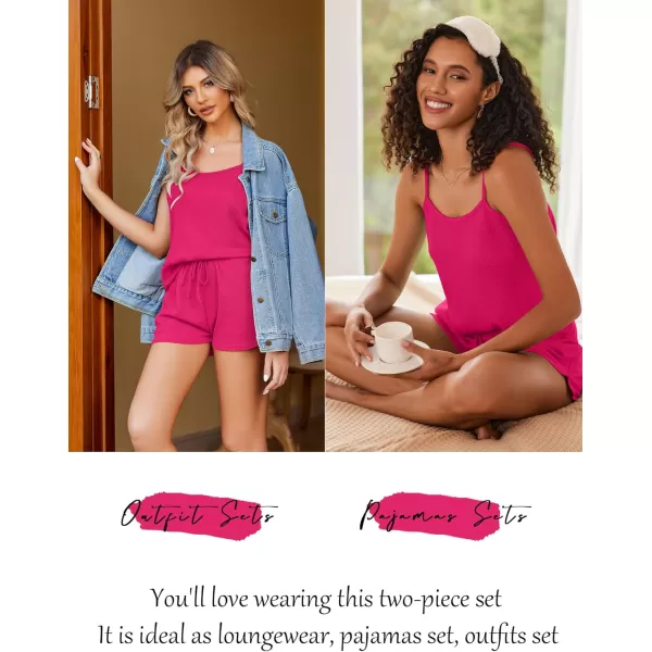 Ekouaer Pajamas for Women Waffle Knit Lounge Sets Cami Tops Shorts Loungewear SXXLRose Red