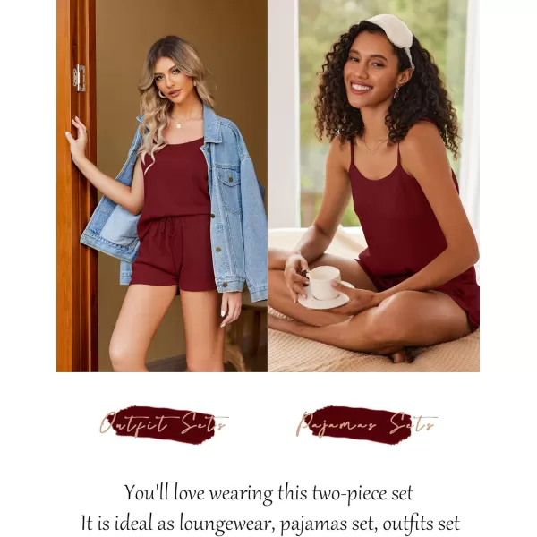 Ekouaer Pajamas for Women Waffle Knit Lounge Sets Cami Tops Shorts Loungewear SXXLWine Red