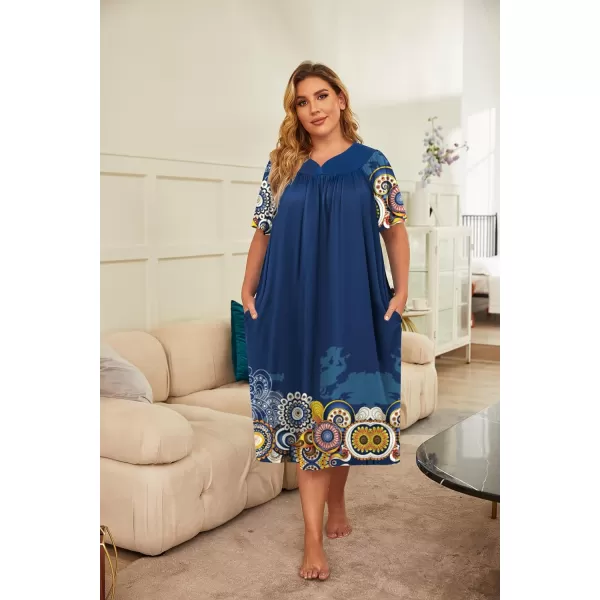 Ekouaer Plus Womens Plus Size Mumu Dress Short Sleeve House Dress Momo Sleepdress with PocketsPat3