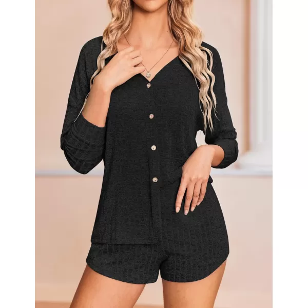 Ekouaer Ribbed Knit Pajamas Sets for Women ButtonDown Loungewear Casual Shirt and Shorts 2 Piece Long Sleeve Soft Lounge SetBlack