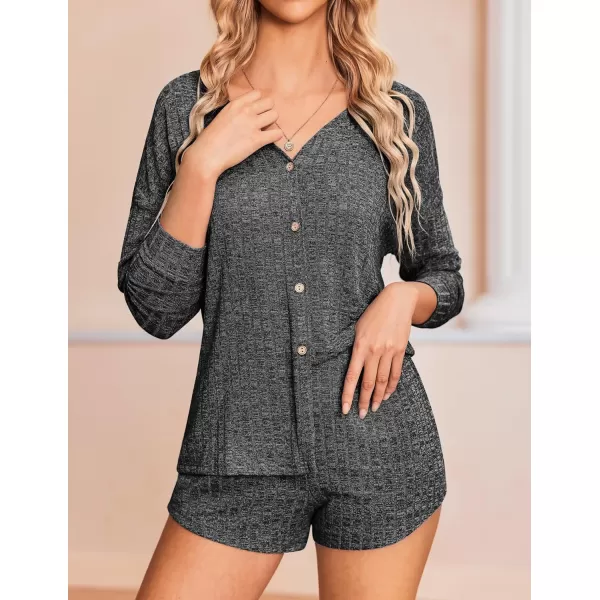 Ekouaer Ribbed Knit Pajamas Sets for Women ButtonDown Loungewear Casual Shirt and Shorts 2 Piece Long Sleeve Soft Lounge SetBlack Grey