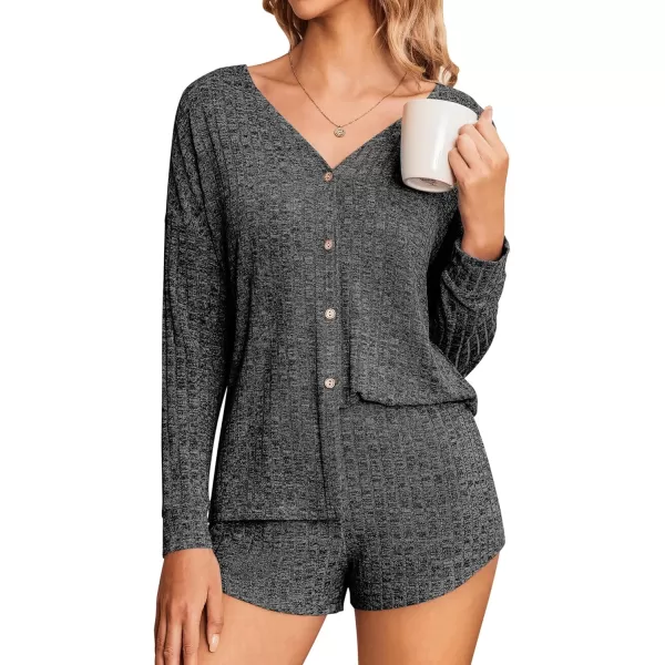 Ekouaer Ribbed Knit Pajamas Sets for Women ButtonDown Loungewear Casual Shirt and Shorts 2 Piece Long Sleeve Soft Lounge SetBlack Grey